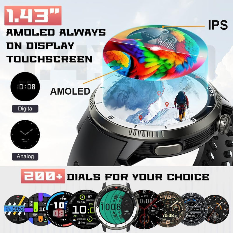 Smart Watch(Answer/Make Call), Smartwatch for Men Women, 1.43" HD AMOLED Display, Fitness Activity Tracke with 170+ Sport Modes, 5 ATM Water-Resistance, Pedometer, Stress, Heart Rate, Blue
