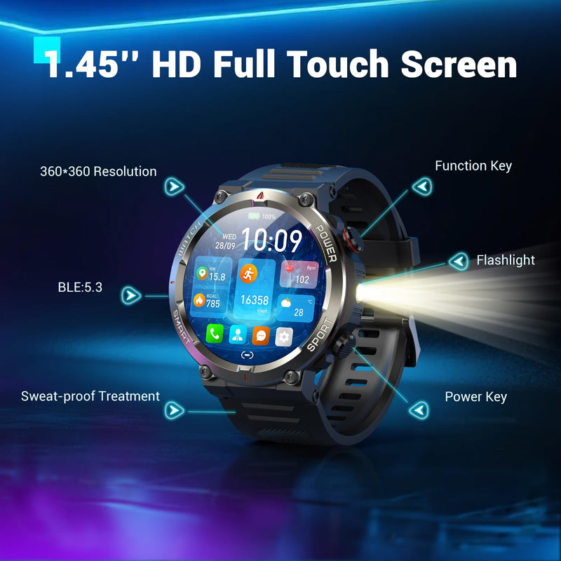 Military Smart Watch for Men(Answer/Make Calls),Outdoor Smartwatch with 100 Days Battery/Flashlight/Compass/Heart Rate/SpO2/Sleep Monitor/2 Straps, Rugged Fitness Watch for iPhone/Android Phones W50Pro-Black