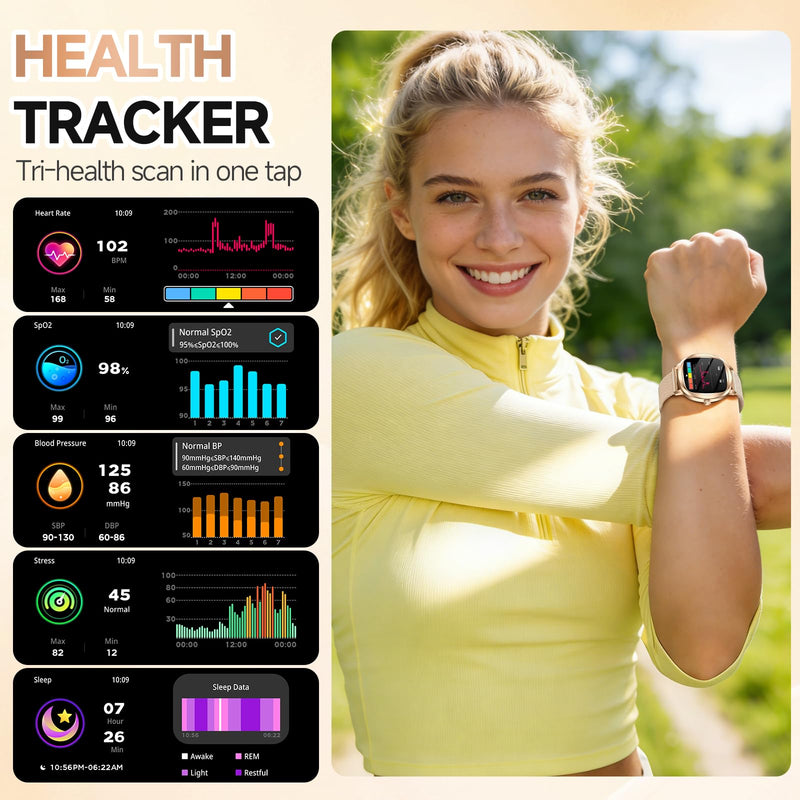 Smart Watch for Women, 1.72" Fitness Tracker with Answer/Make Calls, Sleep/Heart Rate Monitor, Smartwatch for Android iOS Support 100+ Sports Modes, IP68 Waterproof, Fitness Watch with 2 Band (Gold)