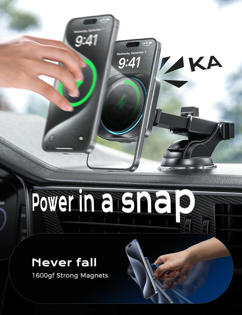 CHGeek for 15W Magsafe Car Mount Charger, Wireless Car Charger Magnetic Car Phone Holder Mount Fit iPhone 16 15 14 13 12 Magsafe Case, Vent/Windshield/Dash Phone Mount Holder Fast Cooling Charger Upgraded Car Mount Charger-Black