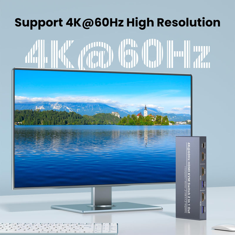2 Port HDMI KVM Switch 1 Monitor 2 Computers, Control 2 PCs with 1 Set of Keyboard Mouse and 1 Monitor, 4K60Hz Support and USB 3.0 4K HDMI 1 Monitor 2 Computers