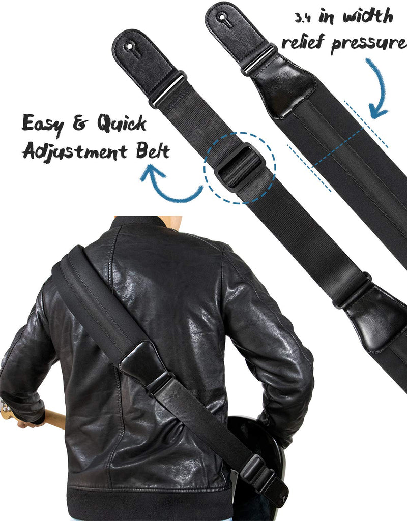 Wepop Guitar Strap Elastic Soft Comfortable Neoprene Leather 3.4in Bass Acoustic Electric Guitar (391) Black-391