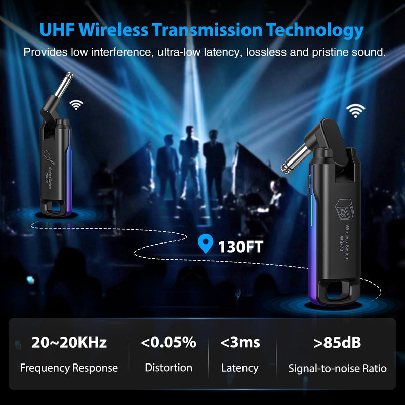 LEKATO Wireless Guitar System UHF Wireless Guitar Transmitter Receiver Rechargeable Audio Wireless Guitar Transmitter and Receiver with 70 Channels Wireless for Guitar Bass Electric Instruments (Blue) Blue