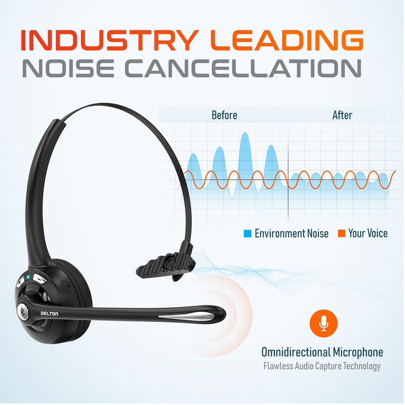[AUSTRALIA] - Delton 10X Bluetooth Computer Headset, Over-The-Head Single Ear Wireless Headset with Noise Canceling Mic for Computer/Laptop/Call Center/Truck Driver, Works with All Meetings Apps - Black Monoaural 