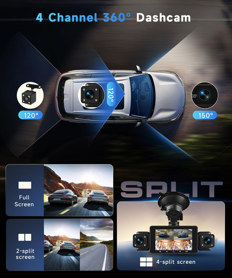 4 Channel 360° Dash Camera Front and Rear Inside Left Right, 3 Inch Dash Cam Support WiFi, Built-in Night Vision Sensitive Motion Detection 24/7 Recording Parking Mode Monitor Reversing Help 3 Inch with WiFi
