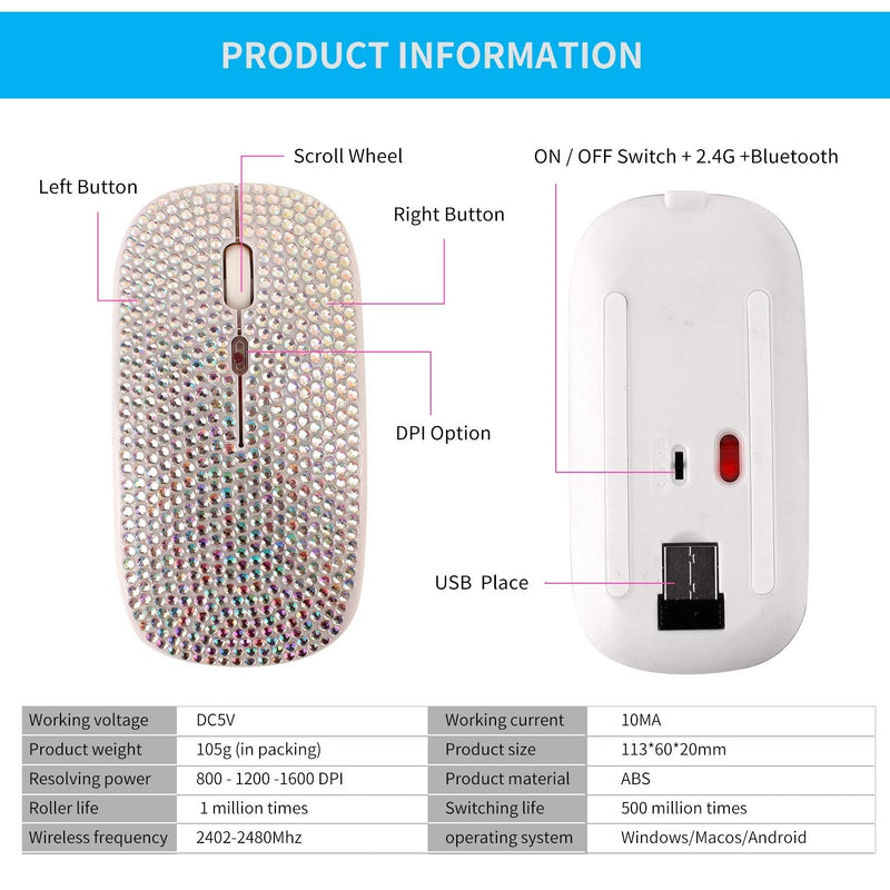 Bling Dazzling Rechargeable 2.4GHz+5.2 Bluetooth Wireless Mouse Covered with Crystal Diamond Rhinestone,RGB Backlit,Great Gift idea for Her (Silver) Silver