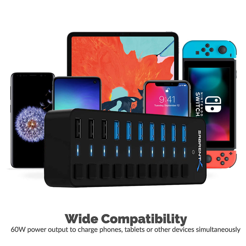 SABRENT 60W 10-Port USB 3.0 Hub Includes 3 Smart Charging Ports with Individual Power Switches and LEDs and 60W 12V/5A Power Adapter (HB-B7C3) 7 + 3 Charging Ports