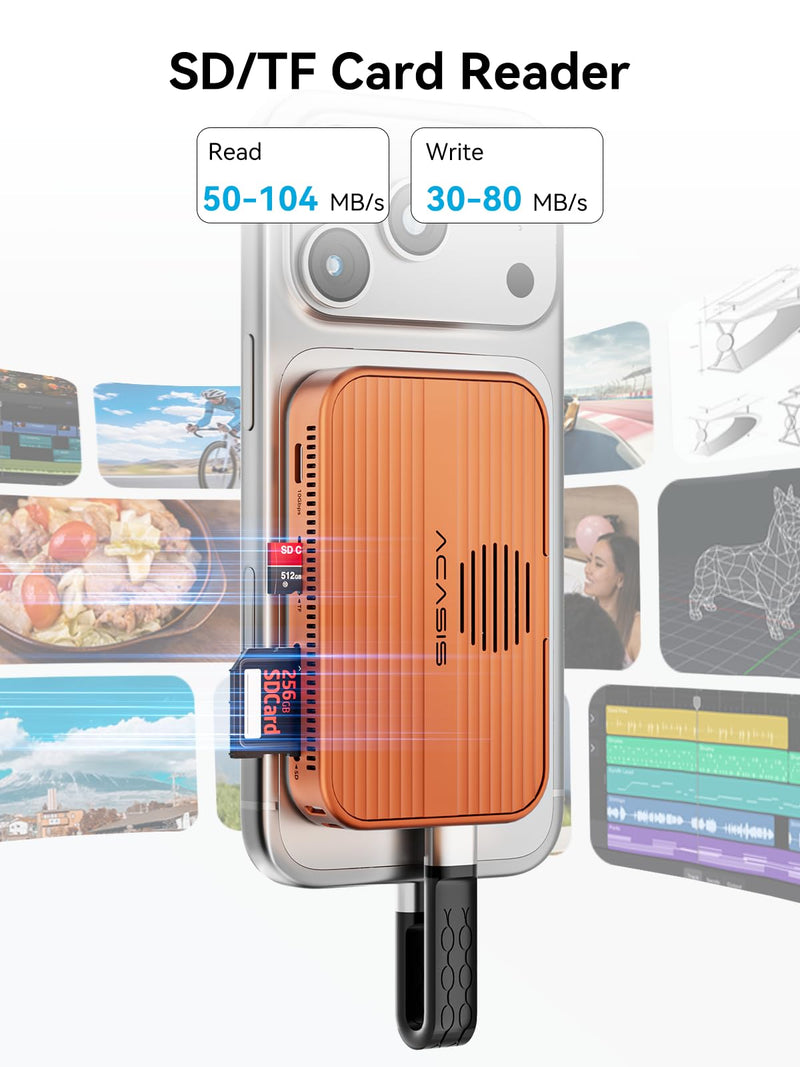 ACASIS 10Gbps Magnetic M.2 NVMe SSD Enclosure With 4K ProRes Recording M.2 EnclosureCompatible IPhone 17/16/15 Pro/Pro Max Magnetic SSD Enclosure with Cooling Fan For Video Editor/Blogger/Videographer orange