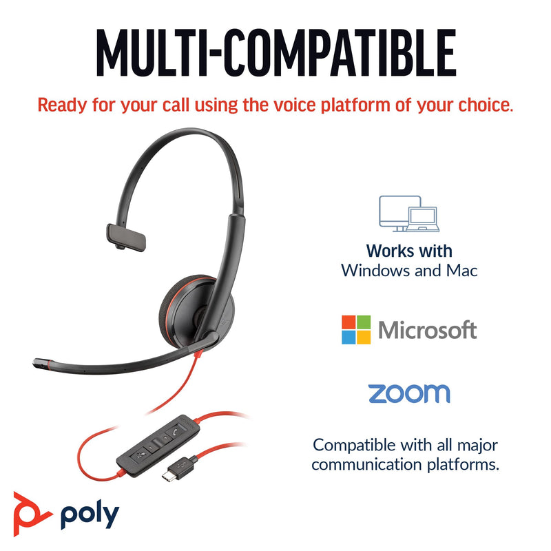 [AUSTRALIA] - Poly Blackwire 3210 Wired Headset (Plantronics) - Noise-Canceling Mic - Single-Ear Design - Connect to PC/Mac via USB-C or USB-A - Works w/Teams, Zoom - Amazon Exclusive 2023 Version - Bulk Packaging 