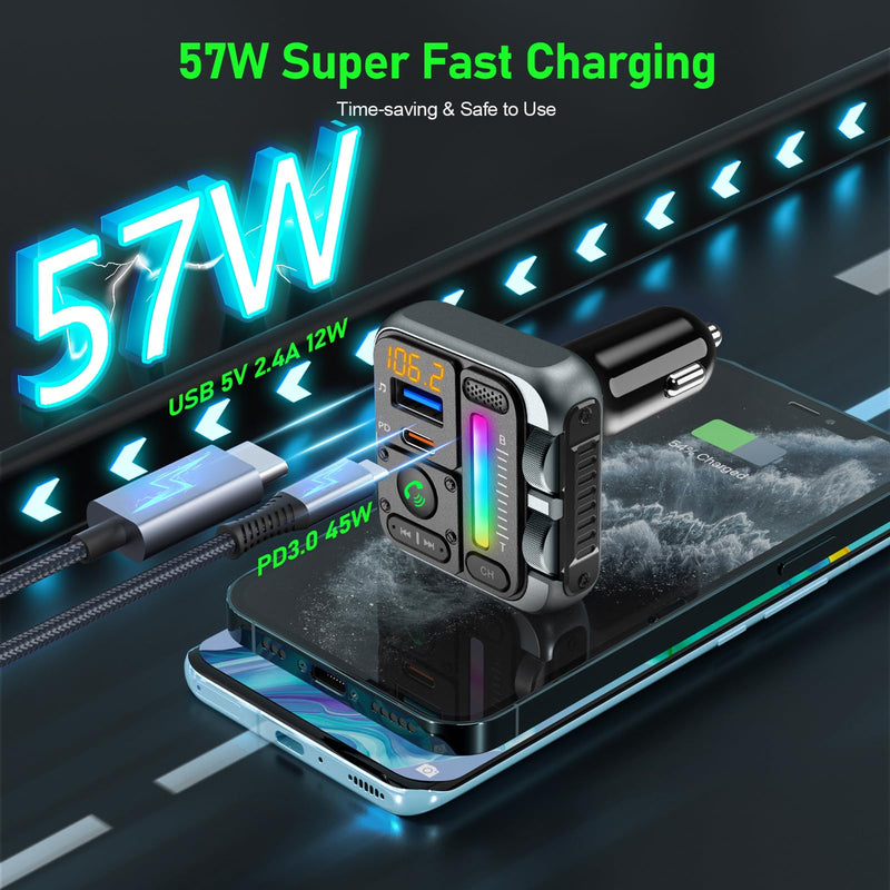 [AUSTRALIA] - Bluetooth Car Adapter - Bluetooth 5.3 FM Transmitter, PD 45W & QC3.0 12W Fast Car Charger, Wireless FM Stereo Radio Music Adapter [Hi-Fi Bass/Treble Roller], Hands-Free Calling/U-Disk Grey 