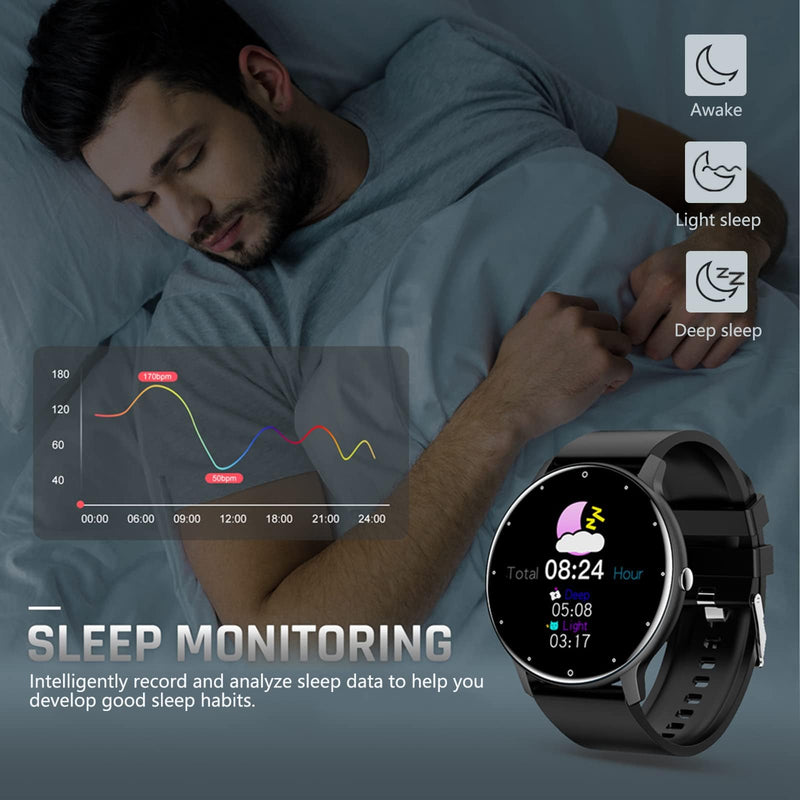LAKEYLOYI Smart Watch Men Women (Answer/Make Calls), Fitness Watch with 100+ Sport Modes, IP67 Waterproof/Heart Rate/Sleep Monitor, Smart Watches for iOS/Android with 2 Bands Black