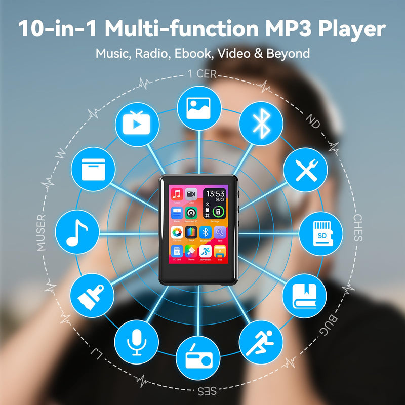 [AUSTRALIA] - MP3 Player with Bluetooth 5.4, Touch Screen Music Player with Speaker, FM Radio, Voice Recording, Supports 512GB SD Card and Includes Earphones for Portable Use During Running and Sports 16GB 