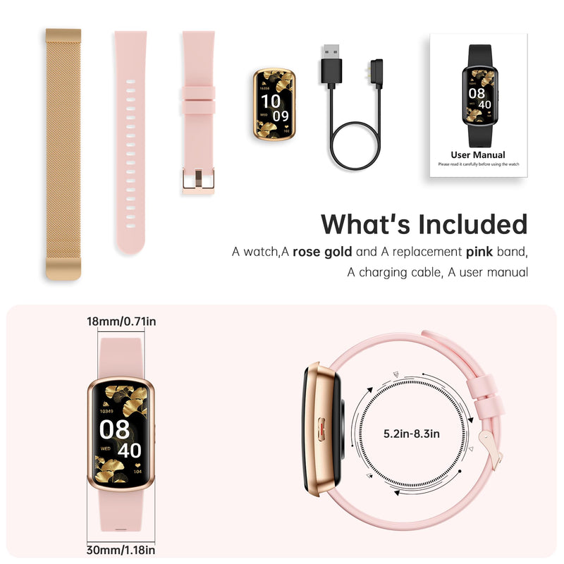 Health Fitness Tracker with 24/7 Heart Rate, Smart Watch with Blood Pressure and Blood Oxy-gen Monitor, Bulit-in 120+ Sport Mode, Sleep Tracking Waterproof Activity Tracker for Women Men Pink Gold