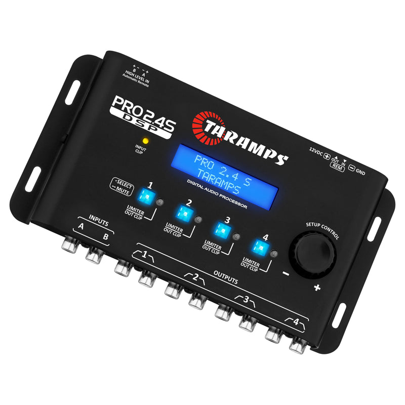 Taramps PRO 2.4S Car Audio DSP Equalizer 4 Channel Digital Crossover | Automotive DSP with 15-band EQ, active crossover, delay alignment, RCA & High-Level inputs for precise sound tuning. Black