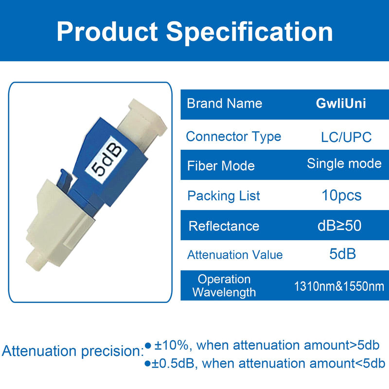 [AUSTRALIA] - GwliUni 10Pcs LC Fiber Optic attenuator, Fiber Signal Attenuation Converter, LC Inserts Connector Single Mode (LC-UPC, 5dB) LC-UPC 