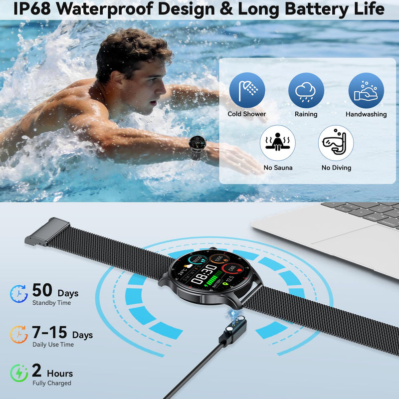 Smart Watch for Men Women Fitness Tracker: Smartwatch for Android Phones iPhone Compatible Samsung Bluetooth Call Answer/Make Watches for Men Heart Rate Sleep Monitor IP68 Waterproof 120+Sports Model Black-Gray