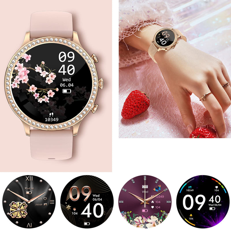 Loluka Pink Smart Watches for Women with Diamonds, Answer/Make Call Ladies Bluetooth Smartwatch for Android and iOS Phones, Rhinestone Fitness Activity Tracker Sleep Tracker Pedometer