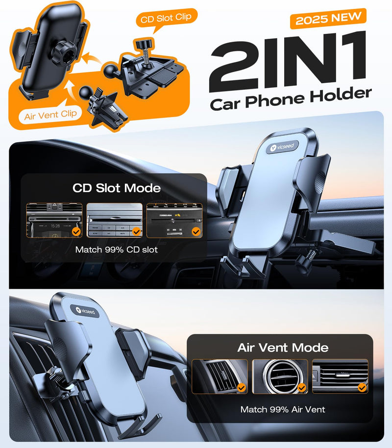VICSEED Car Phone Holder with Metal CD Slot & Air Vent Clip [Secure Hold] | Anti-Shake CD Phone Holder for Car, Thick Case Friendly, Stays Secure on Bumpy Roads, for iPhone 17 Pro Max Android Samsung Black
