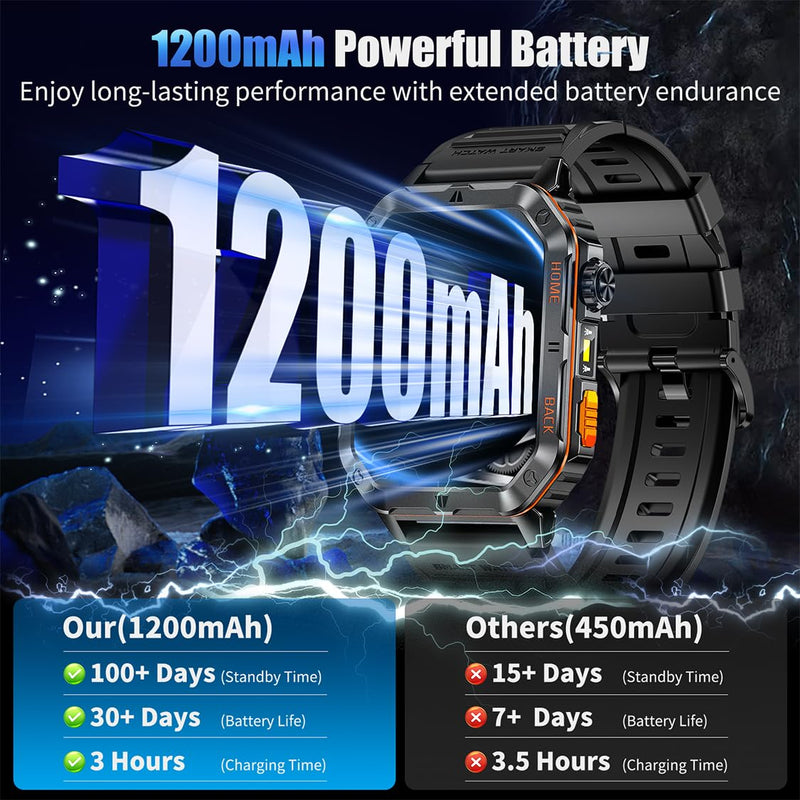 Military Smart Watch for Men, 2.01" Screen Watch with 1200mAh Battery | Bluetooth Calling, Built-in Flashlight, 5ATM Waterproof, and 110+ Sports Modes Compatible with Android and iPhone Black-WL-H01