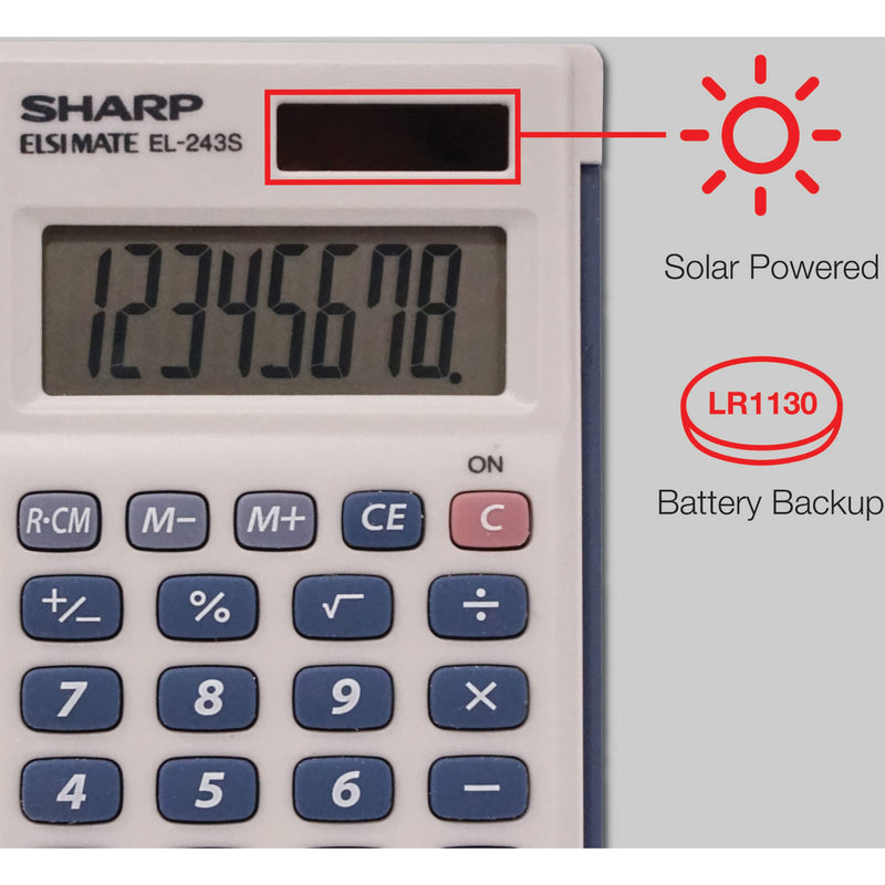 Sharp Calculators EL-243SB 8-Digit Pocket Calculator (Pack of 3) Gray, Blue 0.4" x 2.5" x 4.1" (Pack of 3)