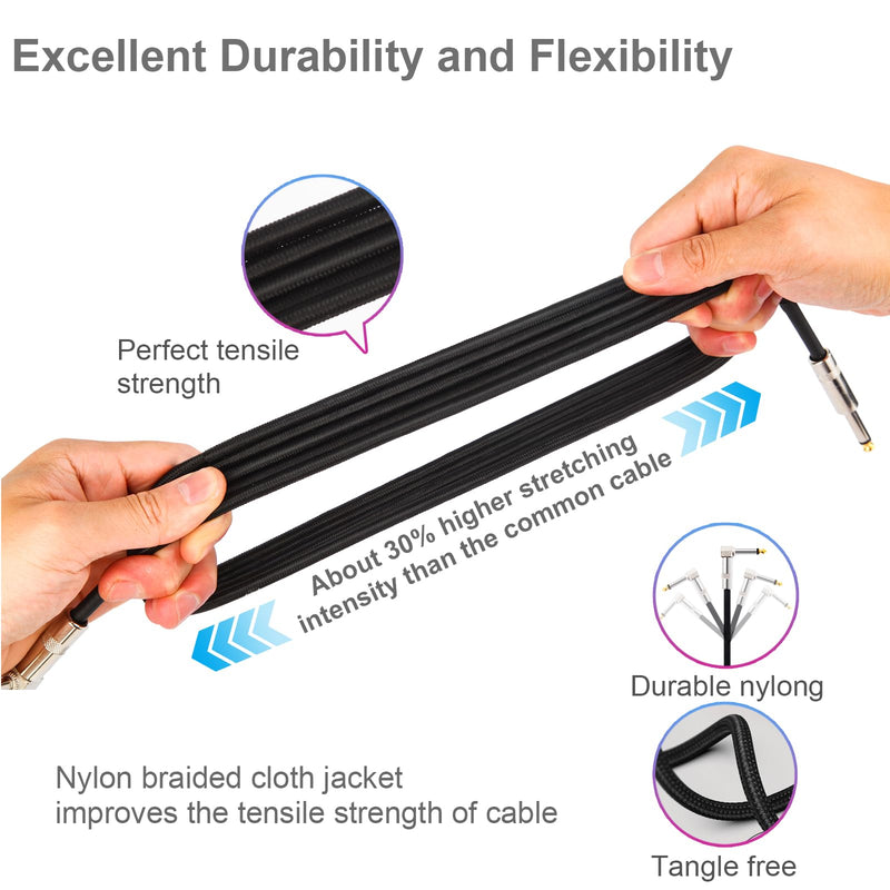 2-Pack Guitar Cable, 10FT Instrument Cable Guitar Amp Cord, Noise Free and Long-Lasting Guitar Cord for Bass Guitar & Electric Guitar/Keyboard/Mandolin 1/4 Inch Cable Right Angle Black