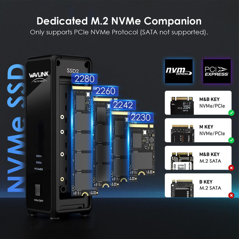 WAVLINK M.2 SSD Enclosure, 20Gbps Dual NVMe Enclosure for NVMe M-Key/B+M-Key SSDs, Tool-Free M.2 Enclosure for PCIe 2230/2242/2260/2280, RAID 0, PD 20W, with Active Cooling Fan, up to 8TB per Drive 20Gbps No Offline Cloning