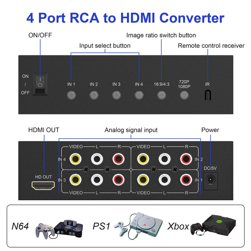4 Port RCA to HDMI Converter AV to HDMI Adapter - 1080P/720P Red White Yellow Composite Component to HDMI Converter for TV/AUX/N64/PS2/PS3/VHS/VCR/DVD Players, Support 4:3/16:9 RCA Switch(With Remote)