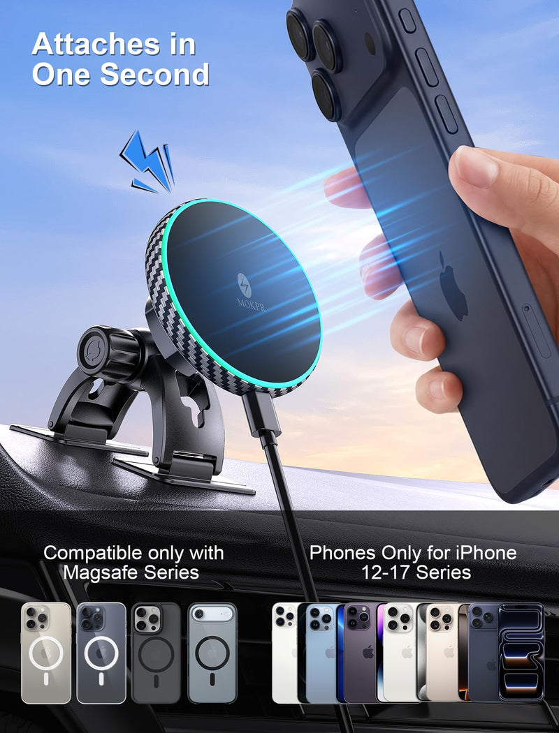 for iPhone Magsafe Car Mount Charger Vent-LED Wireless Car Charger | Magnetic Car Phone Holder HandsFree Car Mount Fast Car Charger for iPhone 17/16/15/14/13/12 Series Carbon Firber Gcarbon fiber