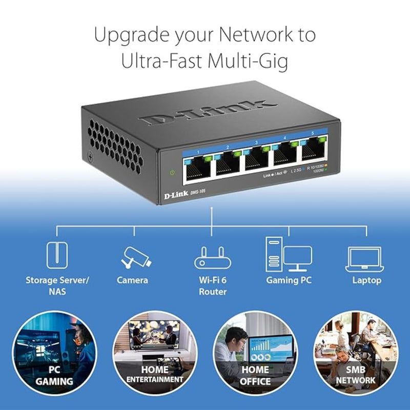 D-Link 5-Port 2.5G Unmanaged Ethernet Switch for Office, Media or Gaming | (DMS-105) Multi-Gig Fanless Sturdy Metal, Desktop/Wall, LED Speed Indicator, QoS, Shielded Ports, Energy Saving, Plug&Play 5 Port Multi-Gig 2.5Gb