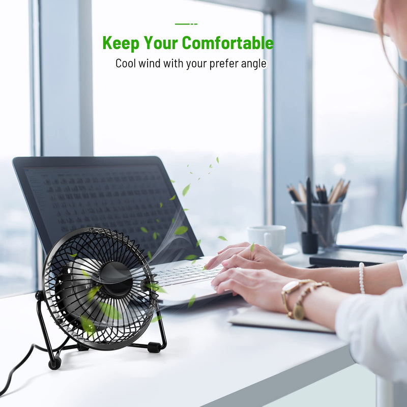 Small Desk Fan, 4 Inch USB Fan Powered by USB, 360° Rotation - Small Fans for Bedroom, Office, Table - Ultra-quiet Personal Cooling Fan with Metal Construction Black