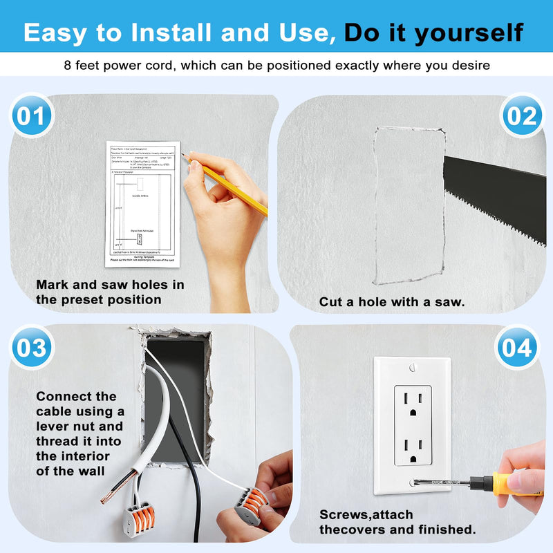 in-Wall Outlet Relocation Kit, 2 AC Outlets, 8 ft Cord, White | Recessed 2-outlet wall box and 8 ft cord for relocating power and hiding TV cords