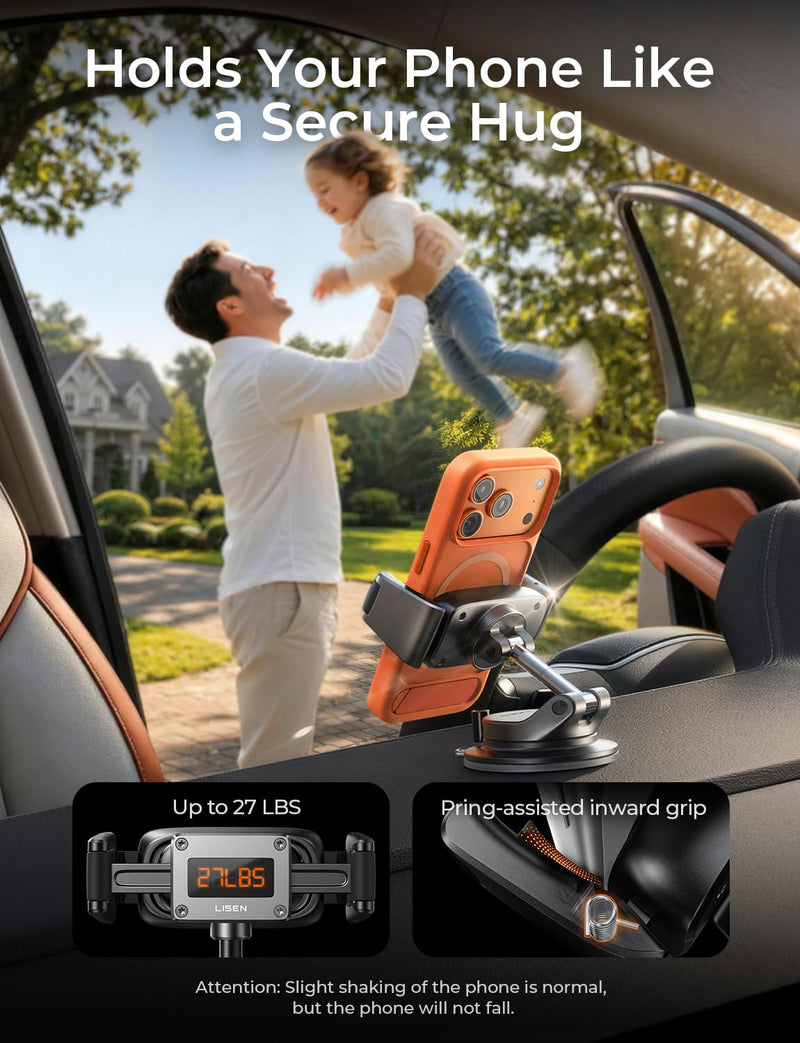 LISEN Suction Phone Mount for Car, [Ultra Suction & 95% Cases Friendly] Car Phone Holder Mount Vacuum Dashboard Phone Holder, Car Cell Phone Holder for iPhone 17 16 15 14 Pro Max Air Galaxy S26 S25 Black