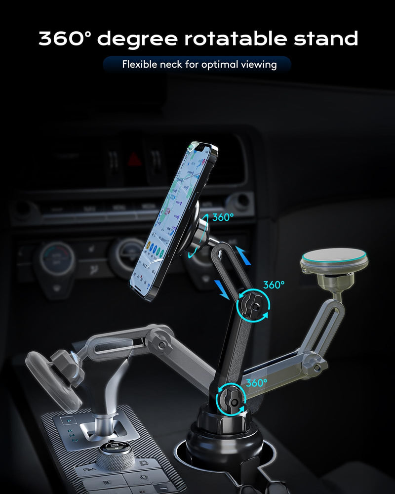 Magnetic Cup Phone Holder Car Wireless Charger for MagSafe, 15W Fast Charging Car Mount Stand for iPhone 16 Pro Max/15/14/13/12, Cupholder Expander, LED Light Ring, Strong N52 Magnets MAG-LIGHT-WC