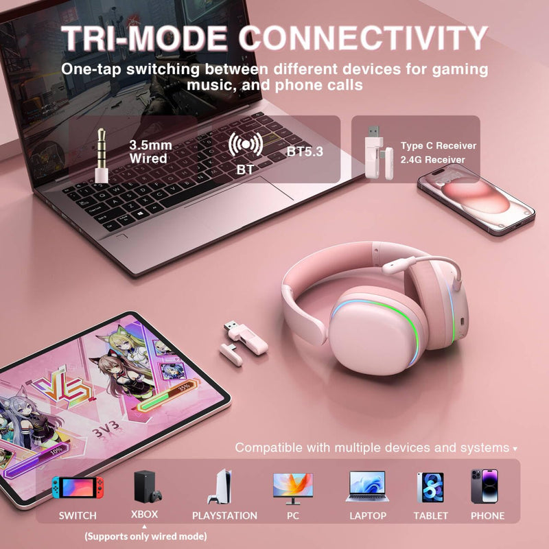[AUSTRALIA] - AULA G7 Pro Wireless Gaming Headset with 7.1 Surround Sound, 40mm Driver, BT5.3 Gaming Headphones with Mic, RGB, 10ms Latency, 65H Battery, Pink Gaming Headset for PS5,PS4, Switch,Xbox,PC,Phone, Mac G7 Pro-Pink 