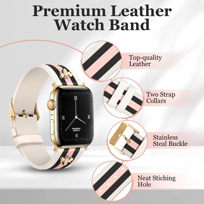 MOINSPIRE Designer Leather Bands with Charms Slim Band and 3Pcs 18k Golden Jewelry Set Bundle Compatible with Apple Watch 38mm 40mm 41mm 42mm 44mm 46mm 45mm 49mm for iWatch Series 11/10/9/8/7/6/5/4/3/