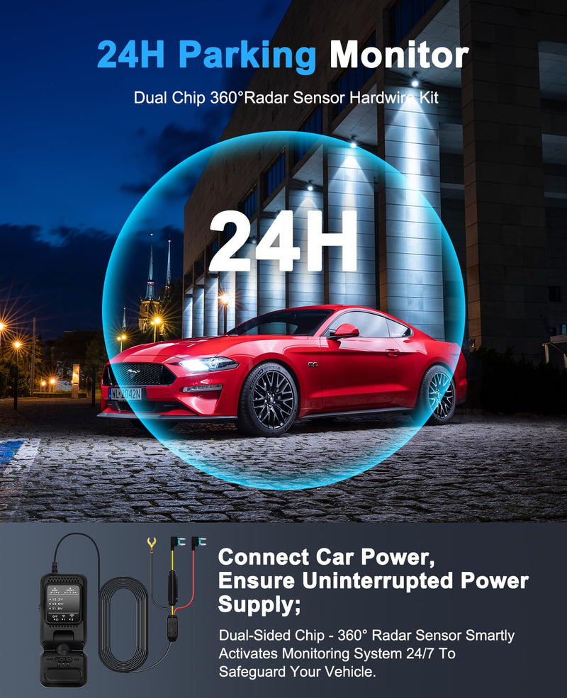 USB-C Dash Cam Hardwire Kit with 360° Radar & 24H Parking Monitor | USB-C hardwire kit with dual 360° radar, 24H parking monitor, low voltage protection and 12V-24V compatibility.