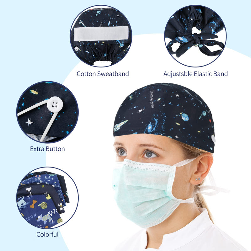 Comius Sharp 6 Pieces Adjustable Work Caps, Surgical Cap Fabric, Cotton Nurse Cap with Buttons, Scrubbing Cap with Sweatband for Women and Men, Personal Care Needs