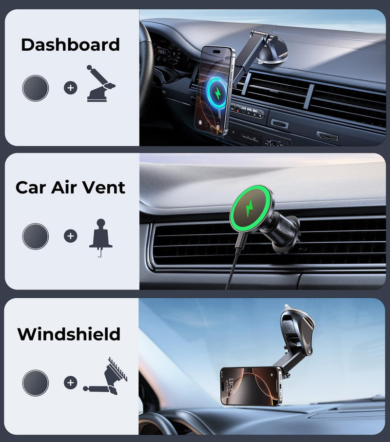 New 2025 Vacuum Magnetic Phone Suction Holder, 15W Wireless Charger for MagSafe Car Mount & Dashboard Windshield Vent Holder, All-Weather Suction for Uber, iPhone 16/15/14 Pro Max Plus