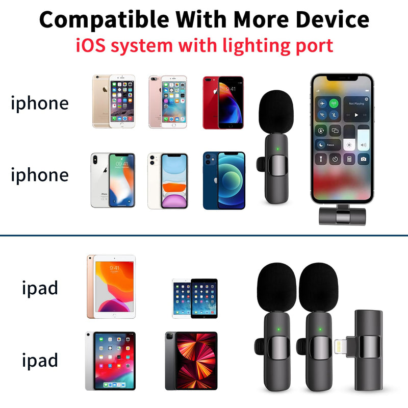 [AUSTRALIA] - Professional Wireless Lavalier Lapel Microphone for iPhone, iPad, Cordless Omnidirectional Condenser Recording Mic for Video Recording, Live Streaming, Interview Podcast Vlog YouTube Tiktok(2 Pack) Black-1 