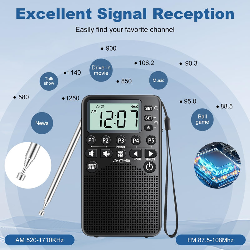[AUSTRALIA] - Battery Operated Portable Pocket AM/FM Radio | Digital Tuning, Loud Speaker, Excellent Reception | Portable Emergency & Outdoor Radio with LCD Screen, Alarm Clock, Preset, Sleep Timer, Snooze 