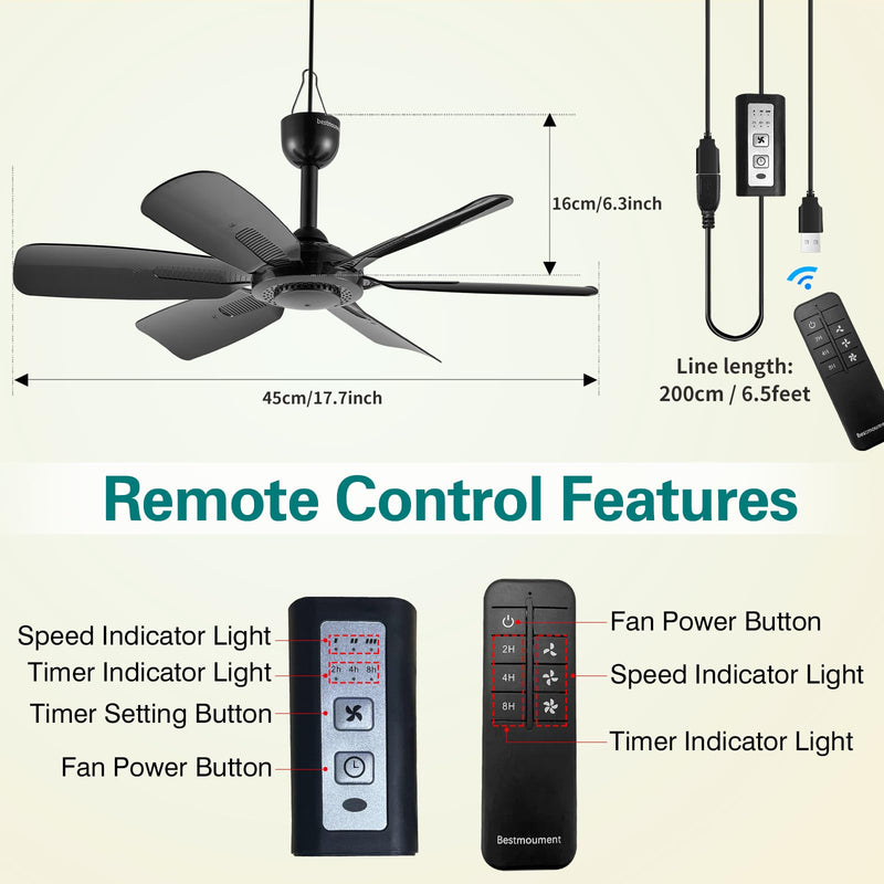 17.7-inch Portable Hanging Fan with 6 Blades,Ceiling Fan with Remote Control Timing 3 Speed,USB Plug In,5V DC Powered Indoor/Outdoor Use for RV, Camping, and Canopy(with remote control)