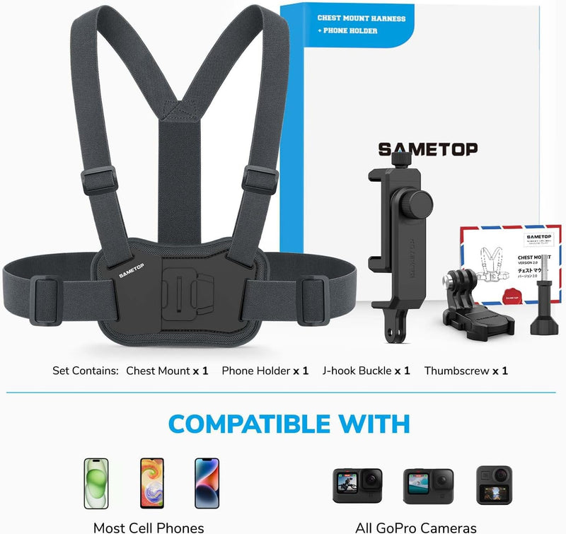 Phone Chest Mount Harness Holder Cell Phone Strap for iPhone | for Samsung Mobile Phones, Vertical Recording Filming, for GoPro DJI Osmo Action Cameras, POV/VLOG