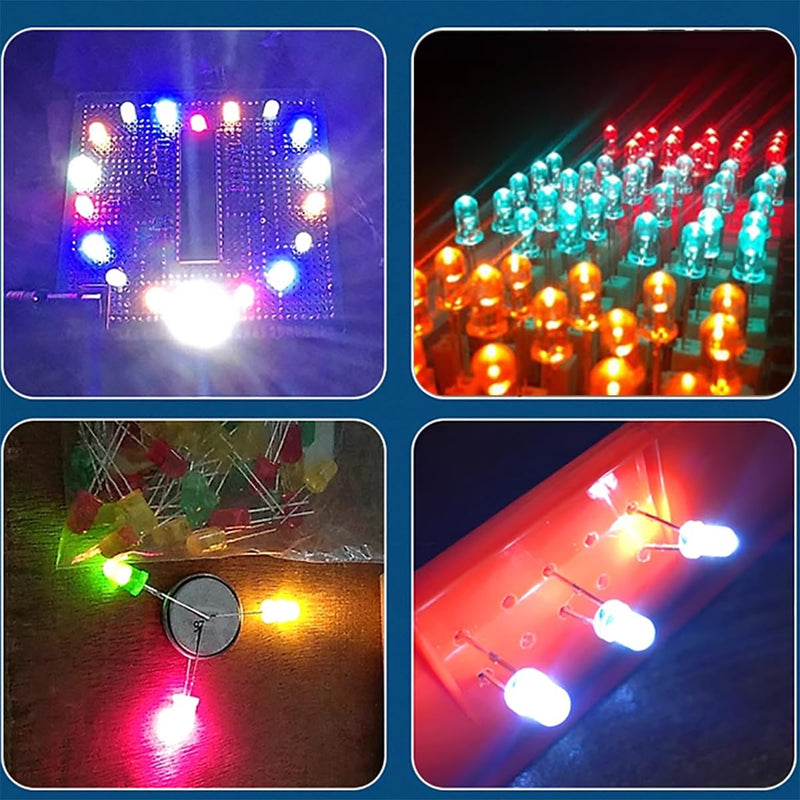 CESFONJER 500 pcs LED light diodes 5 mm, round colour diodes 5 mm 2-pin, (5 colours x 100 pcs), assorted colours white / red / yellow / green / blue kit box set.