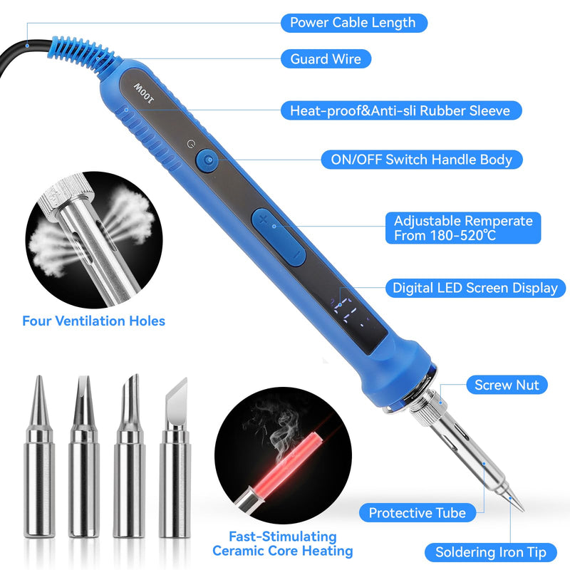 Ltkolben Set 100 W, LED Lt Piston with Temperature Control 180-520C, Soldering Kit with On/Off Switch, 50 g Litter Wire, 5 Litre Tips, Discharge Pump, Lt Piston Stand, Tweezers, Digital Multimeter (15 15 pieces