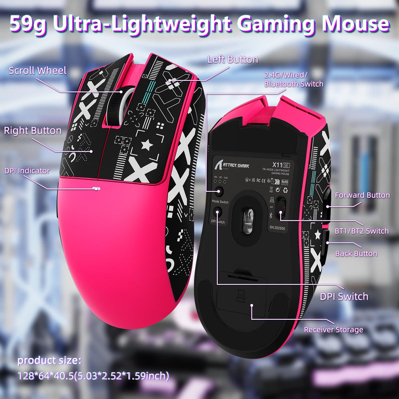 [AUSTRALIA] - MAMBASNAKE Attack Shark X11SE Lightweight Wireless Gaming Mouse, Tri-Mode 2.4G/USB-C Wired/BT, 22K DPI, PAW3311 Optical Sensor, 59g, 5 Programmable Buttons, 300mAh Battery for PC/Mac((Berry-Griptape) Berry Red-Griptape 