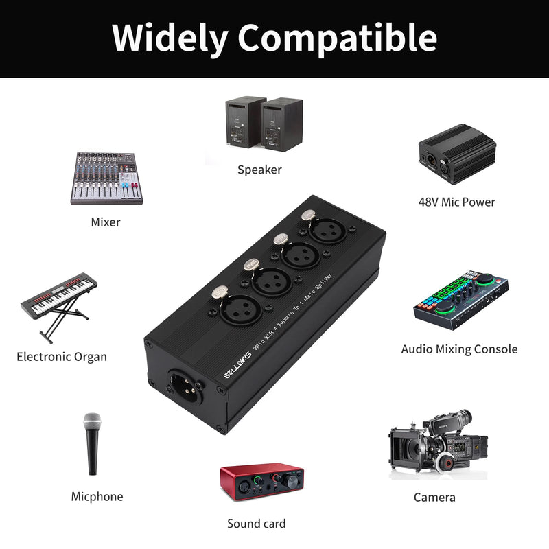 3 Pin XLR 1 Male to 4 Female Splitter,4 in to 1 Out Aduio Box,4WAY Four-Input and one-Output Parallel Connection Adapter,Four Microphone inputs Converted to one Output 1 Male to 4 Female Adapter