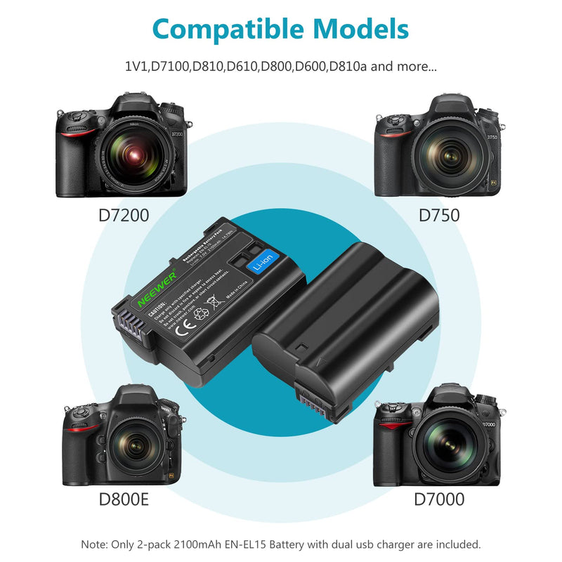 NEEWER Replacement Battery and Charger Set for EN-EL15, Compatible with Nikon Z5, Z6, Z6 II, Z7, Z7II, D780, D850, D7500, D750, D800, D7000, D7100, D7200 Batteries (2-Pack, Micro USB Port, 2100mAh)