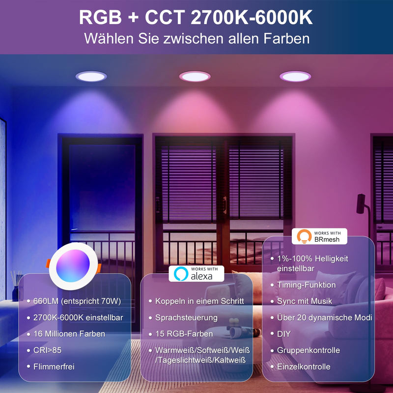 [AUSTRALIA] - DUSKTEC Recessed LED Downlights Alexa, Smart Spot Lights Ceiling with APP & Voice Control, RGB Colour LED Spotlights 2700K-6000K, 7W Warm White to Cool White Dimmable Ceiling Recessed Lights Ø68-85mm Lochmass 7W 