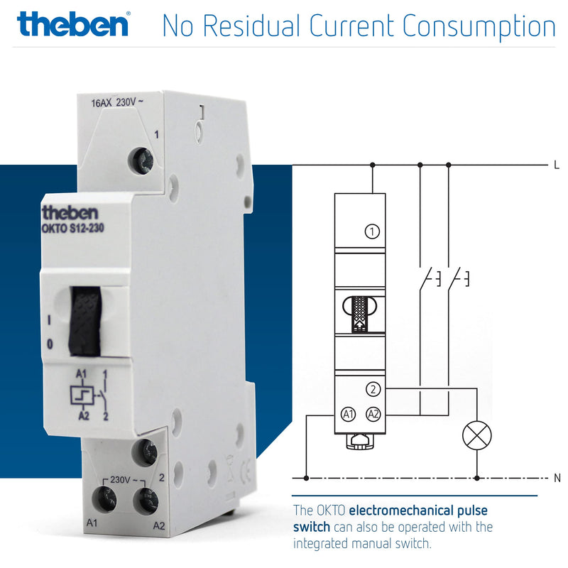 [AUSTRALIA] - Theben 3120120 Okto S12-230 Impulse Switch, Impulse Relay, 230 V, Electromechanical, DIN Rail, DIN Rail, 1 N/O Contact, LED up to 200 W, Light Control (Pack of 1) Pack of 1 