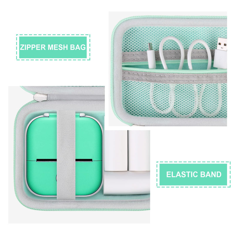 Hard Travel Case for T02 Mini Printer Sticker Printer, Wireless Mini Sticker Printer Machine Storage Holder Protection Case with Zipper Mesh Pocket fit Thermal Paper, Charging Cable, Green